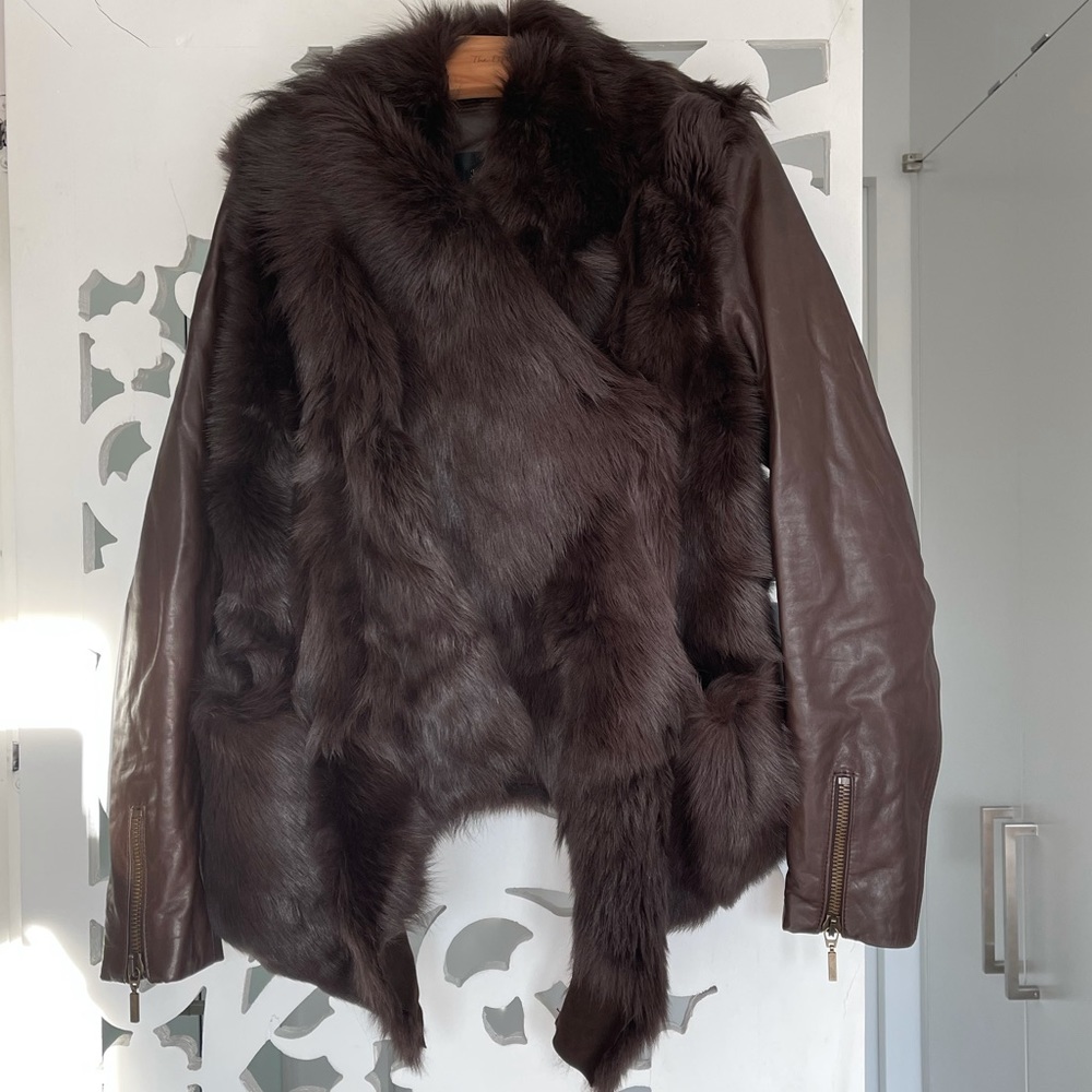 Plein Sud asymmetrical jacket in brown goat fur